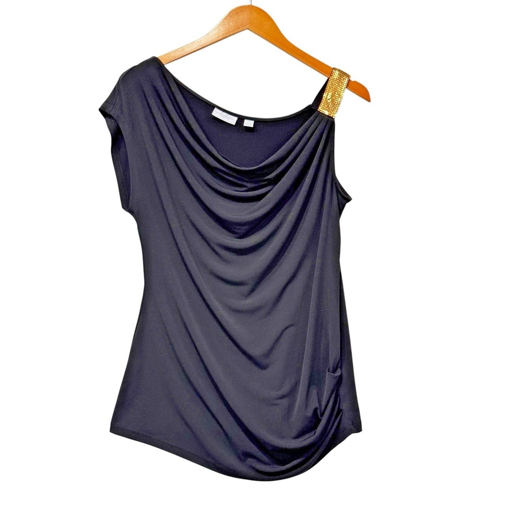 New York & Co. One Shoulder Top Medium Black Gold Ruched Stretch Party Y2K